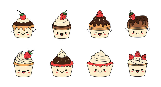 Cartoon cupcakes with strawberry topping in various designs on white