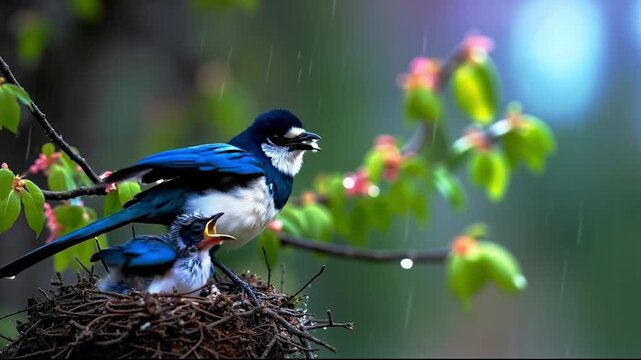 A couple of birds sitting on top of a nest in the rain