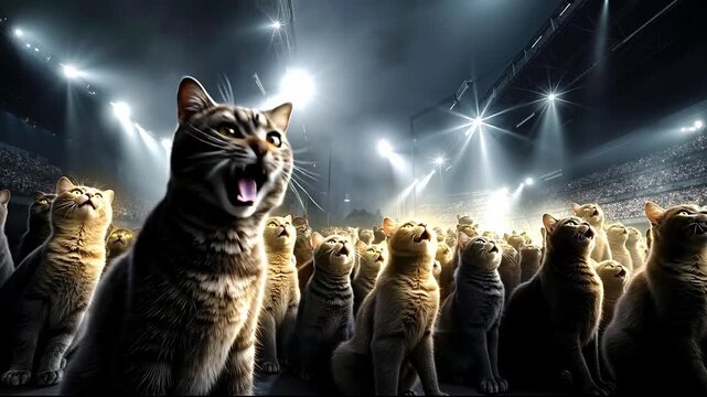 A group of cats standing in front of a crowd of people in a stadium