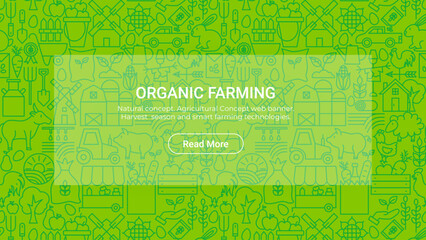 Organic Farming Line Art Website Banner. Vector Illustration of Linear Poster. Farm Scene Organic Fields, Local and Agricultural Icons. Outline Design. Sustainability, Healthy Food, Land, And Nature.