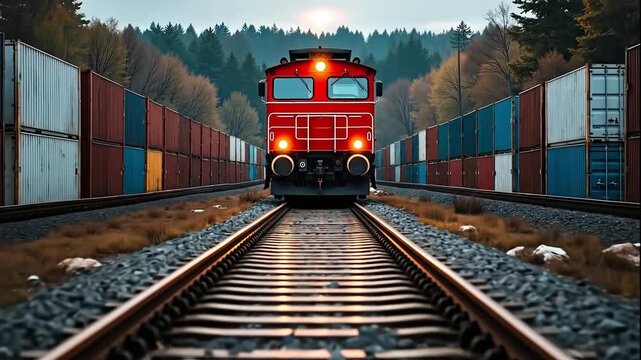 A red train traveling down train tracks next to a forest
