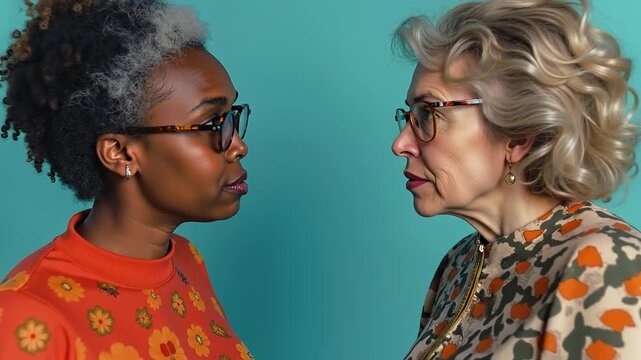 Two women standing next to each other in front of a blue background