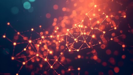 A closeup of a glowing, abstract digital artwork with a bokeh effect, predominantly in shades of red and orange. The main subject is a network of interconnected lines and dots. - Powered by Adobe