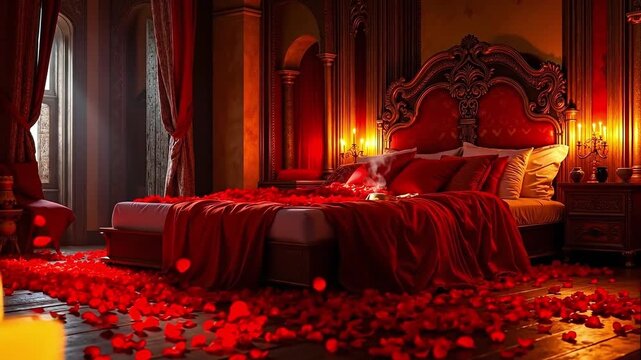 A bedroom with a bed covered in red rose petals on the floor