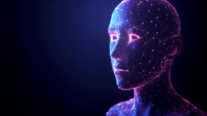 3D digital artwork of a human face, rendered in neon blue and purple hues, with intricate geometric patterns and glowing lines. The background is a gradient of deep blue to black. - Powered by Adobe