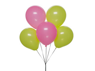 Pink and yellow balloons grouped together, floating with strings, isolated on transparent background, perfect for party, celebration, or festive decoration, cheerful and vibrant mood