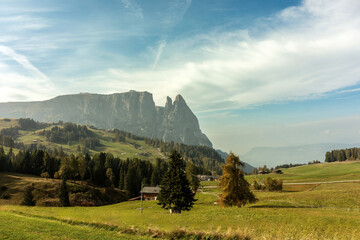 Alpe di Siusi meadow in the Italian Dolomites with view of Sciliar mountain on a clear day