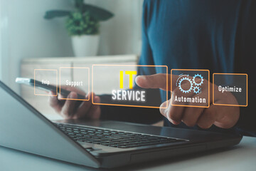 IT Service Optimize Support Help Automation concept. IT technician using digital interface for system configuration and maintenance with gear icons and tools representing technical support operations.