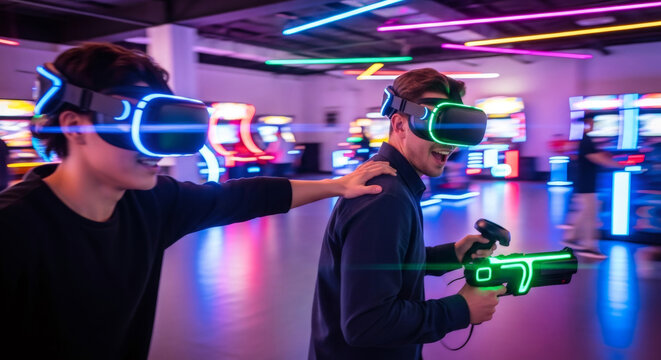 Two men experiencing virtual reality. Friend watching another man play VR game with gun controller. Modern arcade gaming for entertainment.