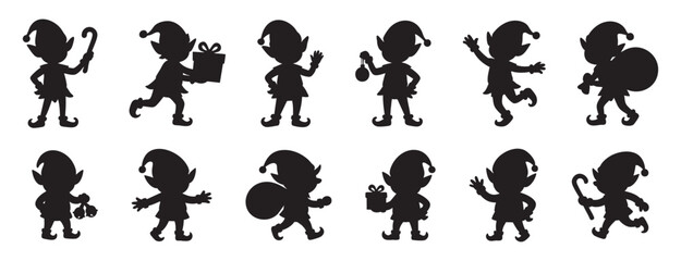 Black silhouettes of playful christmas elves with gift boxes and candy canes, set on white background. concept of holiday spirit, festive decor, cute characters, design element.