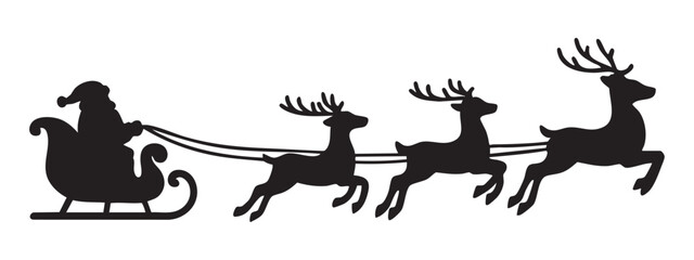 Black silhouette of santa claus in sleigh pulled by reindeer, isolated on white background. concept of christmas, holiday spirit, winter, festive decor, tradition, santa's journey