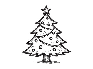 Fototapeta premium Black hatching drawing of christmas tree with star isolated on white background. concept of holiday, festive decor, pine tree, winter, celebration, seasonal icon, black and white illustration.
