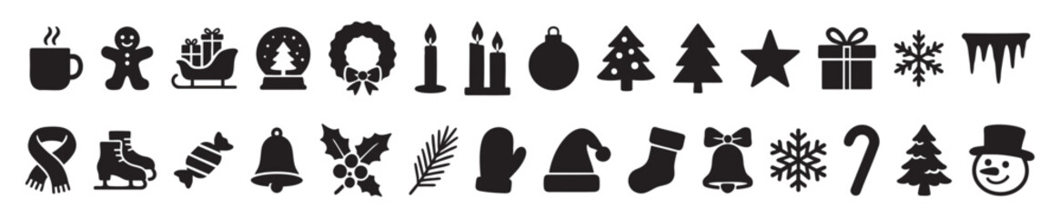 Black and white christmas and new year icons set featuring holiday symbols including gifts, snowflakes, candles on white background. seasonal decor, winter festivity, celebration, design elements
