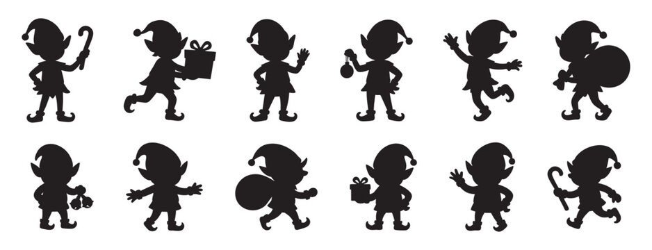 Black silhouettes of playful christmas elves with gift boxes and candy canes, set on white background. concept of holiday spirit, festive decor, cute characters, design element.