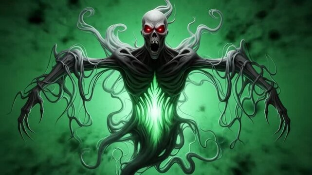 Terrifying spectral entity with glowing green core and piercing red eyes unleashes shadowy tendrils in a dark, eerie atmosphere.