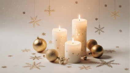 Elegant Christmas Candles and Golden Ornaments Still Life.