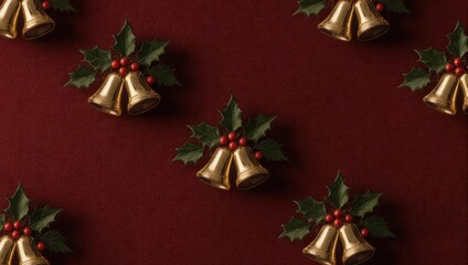 Elegant Christmas Pattern of Golden Bells and Holly on a Rich Red Background.