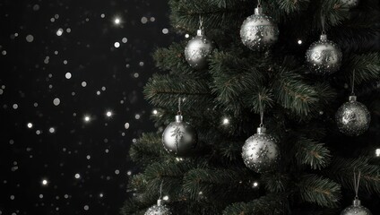 Elegant Christmas Tree with Silver Ornaments and Falling Snow.