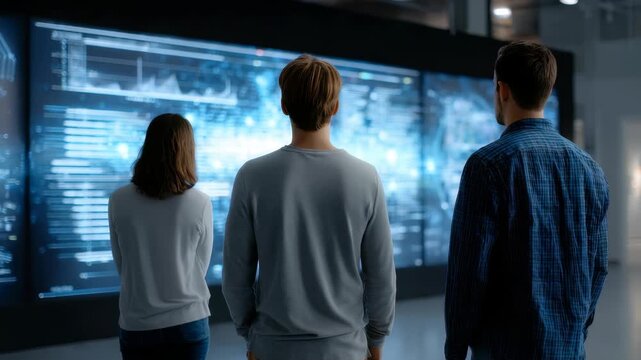 Group people observes advanced digital data on massive interactive display in high tech workspace. Scene highlights teamwork, innovation, future technology driven decision making - Powered by Adobe
