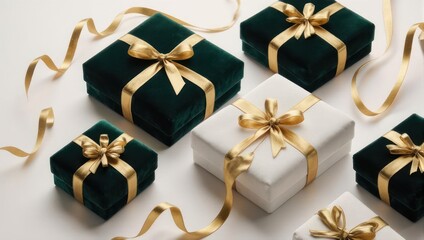 Elegant Gift Boxes with Gold Ribbons on White Background.