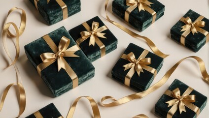 Elegant Gift Boxes with Golden Ribbons on a White Surface.