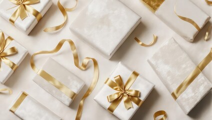 Elegant Gift Boxes with Golden Ribbons on White Surface.