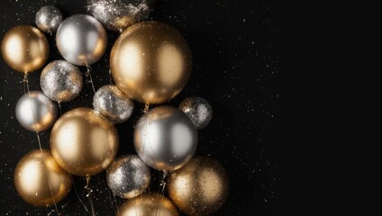 Elegant Gold and Silver Christmas Ornaments on Black Background.