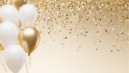 Elegant Gold and White Balloons with Glitter Background.