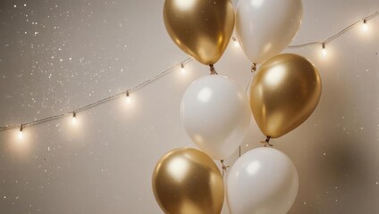 Elegant Gold and White Balloons with String Lights for Celebration.