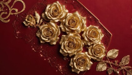 Elegant Golden Roses on a Rich Red Background with Decorative Accents.