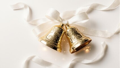 Elegant Golden Wedding Bells Tied with a White Ribbon.