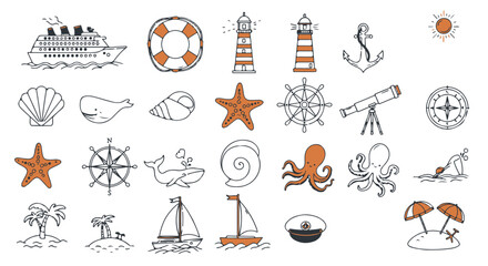 Nautical themed illustrations a cruise ship sailing lighthouses glowing and sea life thriving perfect for summer travel and vacation themed designs.