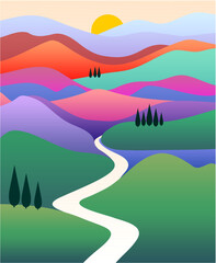 Vibrant mountain landscape with path and sunrise