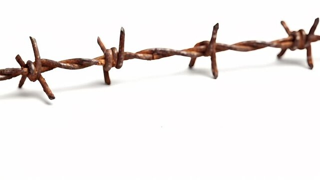 A closeup of a rusty barbed wire against a white background.