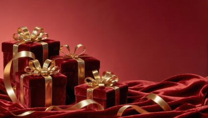 Elegant Red Velvet Gift Boxes with Golden Ribbons on a Rich Fabric Background.