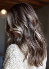 Naklejka premium Editorial beauty shot, close-up of a woman's face and hair, vibrant mushroom brunette with distinct, thick platinum money piece highlights, effortless waves, wearing chunky knitwear in a stylish salon