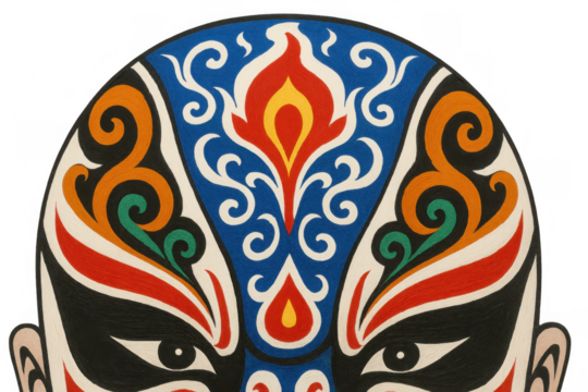 Beijing opera traditional facial makeup art representing characters with vibrant colors and intricate patterns on transparent background