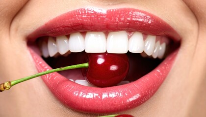 Close-up of woman's glossy red lips and white teeth biting a fresh, juicy cherry