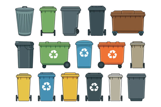 Illustration of various colored trash cans and recycling bins on white background