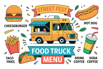 Illustration of a food truck menu with cheeseburger hot dog and taco fries