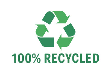A green recycling symbol with the words one hundred percent recycled below it