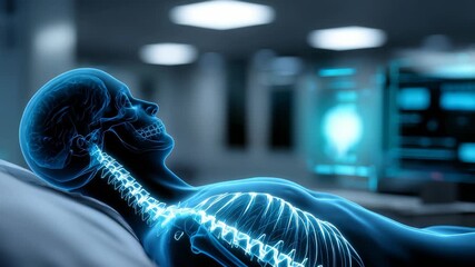 A glowing digital overlay of a human skeleton and nervous system is displayed on a patient lying in a modern hospital room. The image highlights futuristic healthcare and medical diagnostics - Powered by Adobe