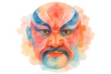 Chinese opera character face painting in vivid watercolor style, representing traditional culture and performance art