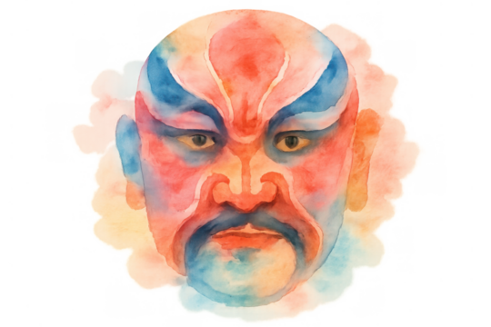 Chinese opera character face painting in vivid watercolor style, representing traditional culture and performance art