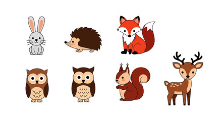 Cartoon animals illustration set rabbit hedgehog fox owl squirrel deer