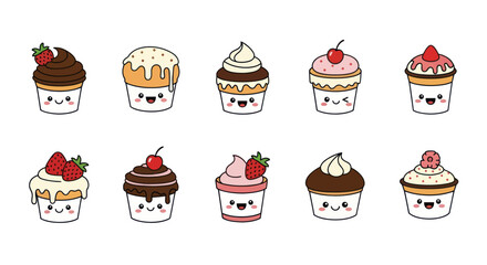 Cartoon cupcakes collection with various flavors and smiling faces