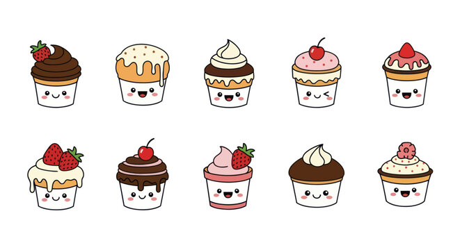 Cartoon cupcakes collection with various flavors and smiling faces