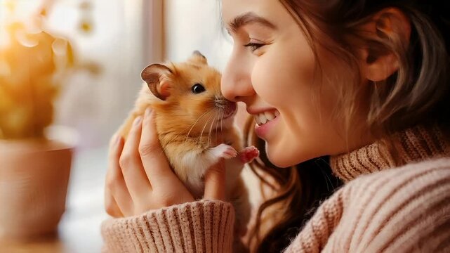 A closeup image of a woman holding a hamster close to her face. The woman is wearing a beige sweater and has her hair pulled back.
