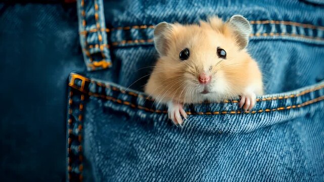 A closeup of a hamster peeking out of the pocket of a pair of blue jeans. The hamsters fur is a mix of light brown and white.