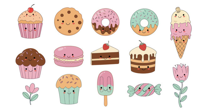 Cartoon desserts collection cupcakes cookies donuts ice cream macarons